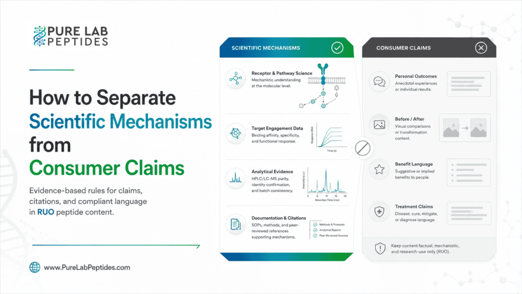 How to separate scientific mechanisms from consumer claims RUO peptide research graphic from Pure Lab Peptides